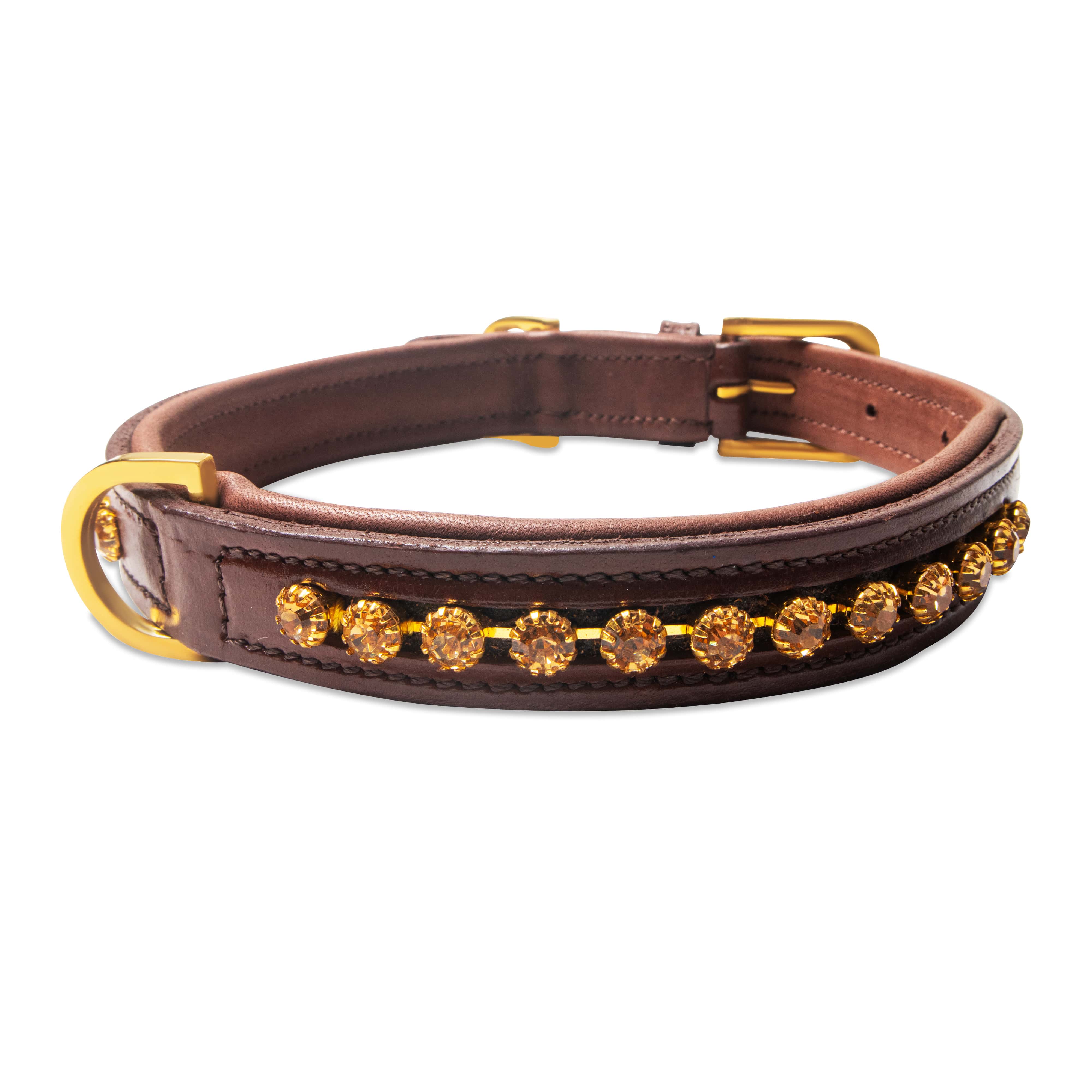 Brown leather dog collar with gold accents and crystals on a white background